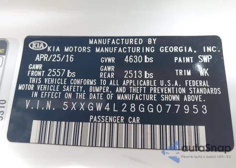 2016 Kia Optima Sx Turbo z USA, uszkodzony, nr VIN 5XXGW4L28GG077953